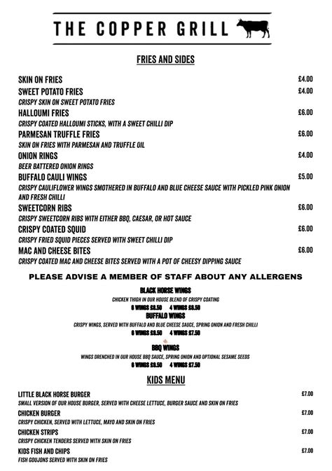 Menu at The Copper Grill restaurant, Shipston-on-Stour