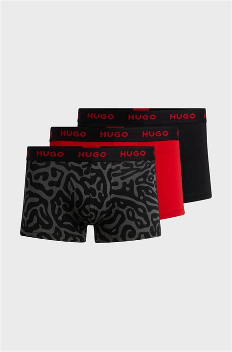 HUGO - Three-pack of stretch-cotton trunks with logo waistbands - Black ...