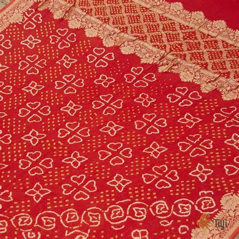 Reddish Orange Pure Georgette Banarasi Handloom Bandhani Dupatta - Tilfi