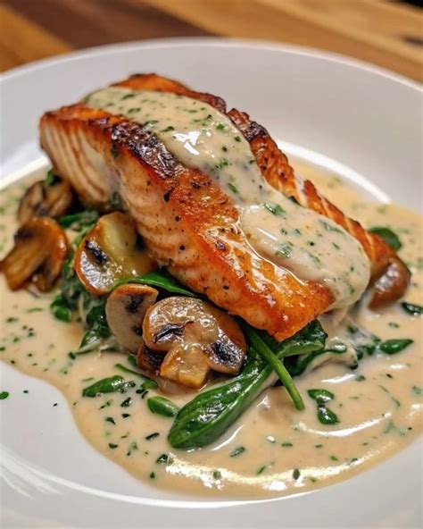 Garlic Butter Salmon with Spinach and Mushrooms in Creamy Sauce ...