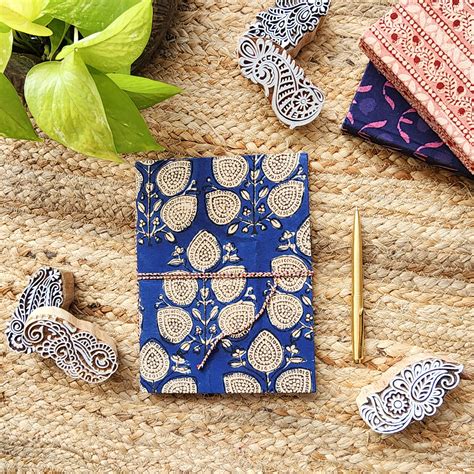 Handmade Upcycled Dabu Blue With Cream Leaves Motif Bahi Diary – Sanskruti