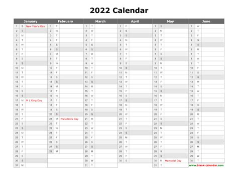 Free Download Printable Calendar 2022, month in a column, half a year per page