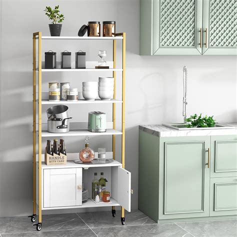 Buy YUKOJUR 5-Tier Bookshelf with 2 Louvered Doors, Gold Frame and Wood ...