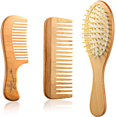 Buy 3 Pieces Wooden Detangling Comb Set - Wide Tooth No Static Bamboo ...