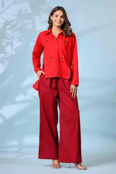 Buy Red Cotton Embroidered Resham Thread Collar Shirt And Pant Set For ...