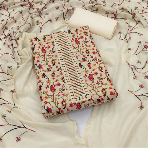 Cream Floral Printed With Embroidered Pure Cotton Dress Material