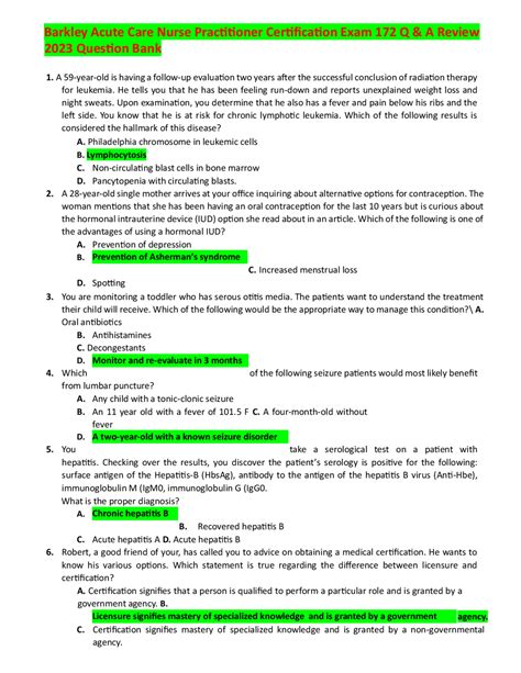 Barkley Acute Care Nurse Practitioner Certification Exam 172 Q & A ...