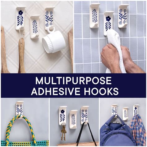 Adhesive White Ceramic Removable Wall Hooks - Pack of 3