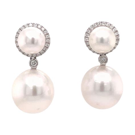 Estate South Sea Pearl Diamond Drop Earrings For Sale at 1stDibs