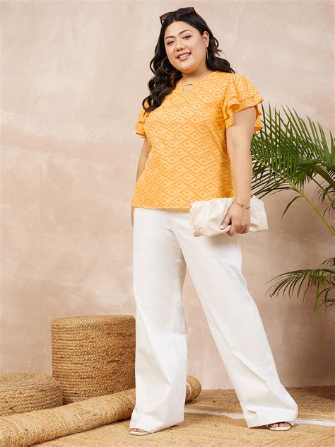 Women Plus Size Yellow Geometric Printed Round Neck Flutter Sleeve ...