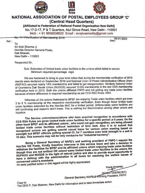 Letter to DG Posts regarding BPEF union availing all facilities without ...