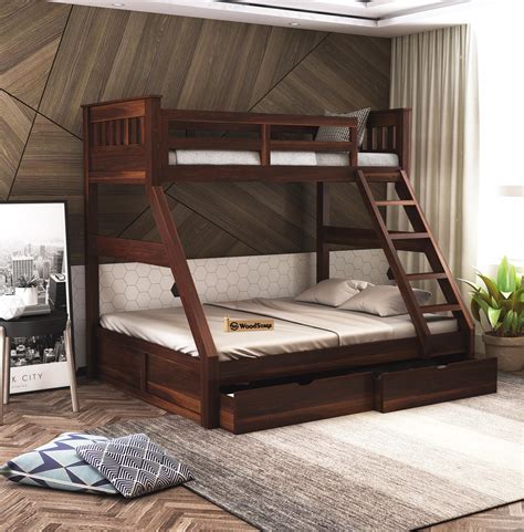 WOODSTAGE Sheesham Wood Bunk Bed with Drawer Storage Wooden Twin Over ...