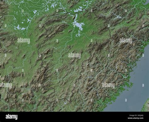 Jiangxi, province of China. Elevation map colored in wiki style with lakes and rivers Stock ...