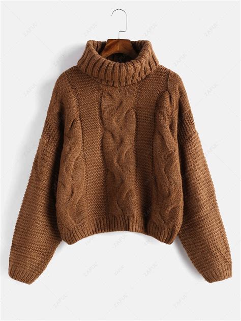 Drop Shoulder Cable Knit Turtleneck Chunky Sweater In BROWN | ZAFUL 2024