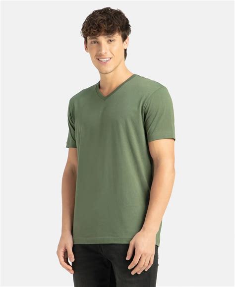 Buy Super Combed Cotton Rich Solid V Neck Half Sleeve T-Shirt - Thyme ...