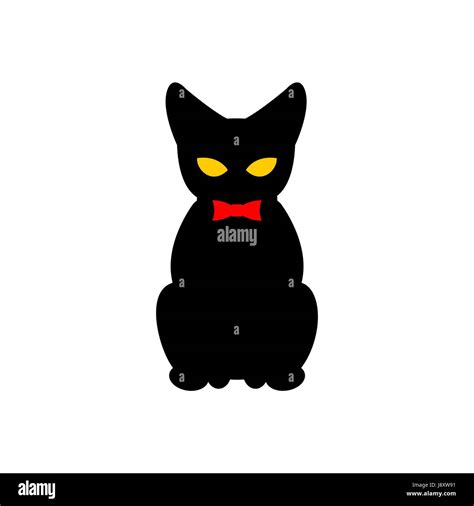 Black cat with red bow tie. Silhouette of pet sitting. Vector illustration animal on white ...