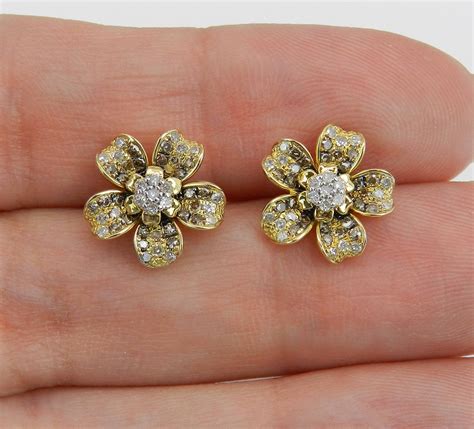 14K Yellow Gold Diamond Flower Stud Earrings Cluster Studs Fancy ...