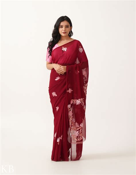 Raspberry with Blush-toned Chinar Embroidery Georgette Saree ...