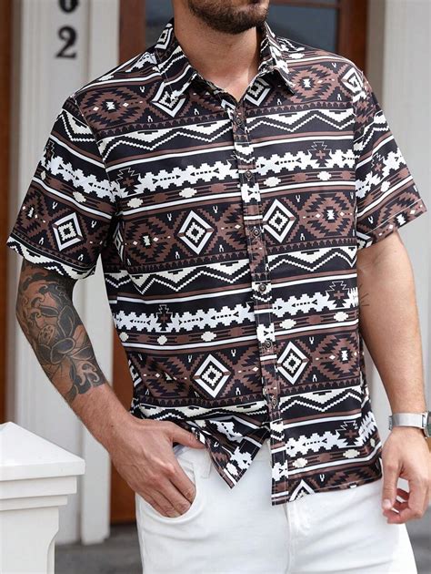 Manfinity Homme Men's Geometric Print Button-Up Short Sleeve Shirt ...