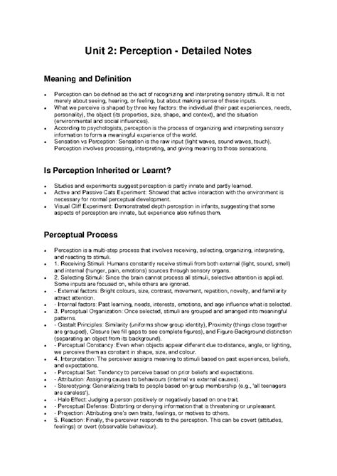 Unit 2: Detailed Notes on Perception - Meaning & Definition - Studocu