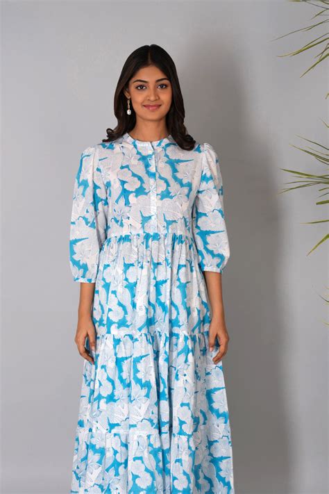 Fresh blue Sanganeri block printed dress – Kalanjali