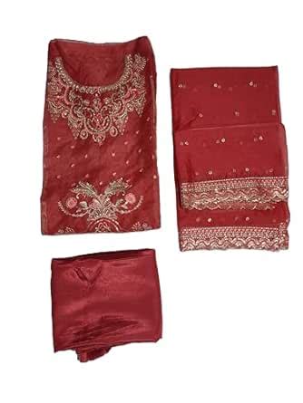 Traditional Organza Dress Material Set, Red with Gold Embroidery, Semi ...
