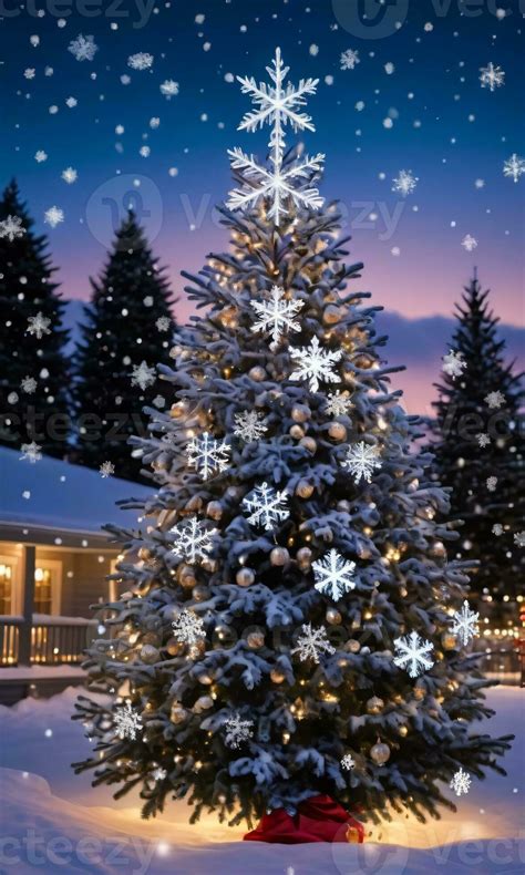 Snowflakes Falling On A Christmas Tree Adorned With Twinkling Lights ...