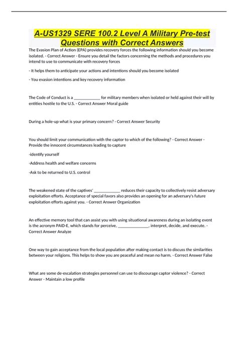 A-US1329 SERE 100.2 Level A Military Pre-test Questions with Correct ...