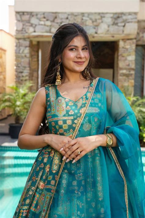 Sky Blue Premium Digital Printed Organza Anarkali Gown Set w