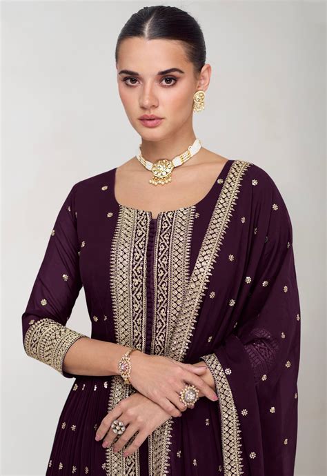 Deep Plum Georgette Anarkali Suit with Gold Embellishments – Anant Tex ...