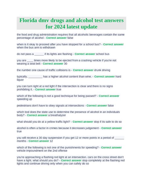 Florida DMV Drugs and Alcohol Test Answers | Exams Law | Docsity