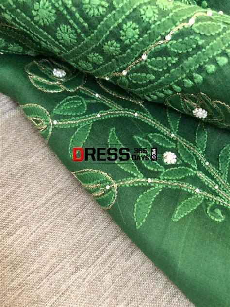 Bottle Green Organza Beads Chikankari Suit with Heavy Banarasi Dupatta ...