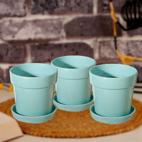 Plantmojo Set of 3 Glossy Conical Turquoise Ceramic Pots with Saucers ...