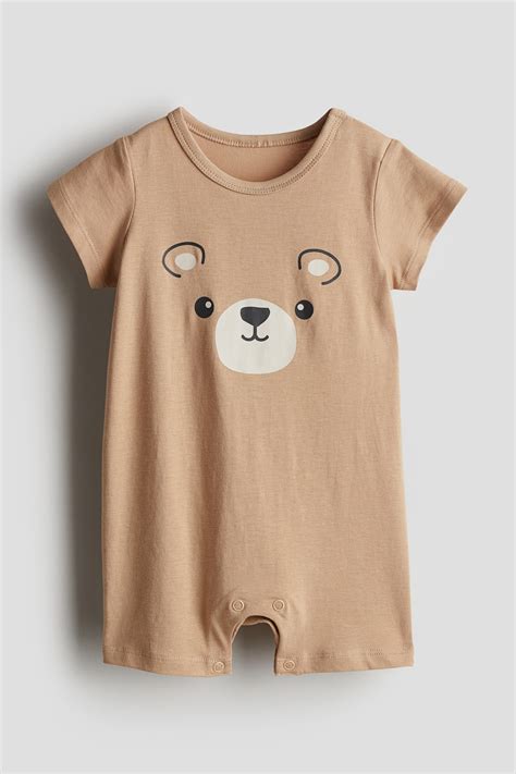 Cotton sleepsuit - Dark beige/Teddy bear - Kids | H&M IN
