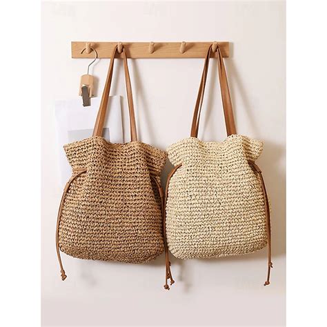Handwoven Straw Bucket Bag – Boho Drawstring Shoulder Tote, Lightweight ...