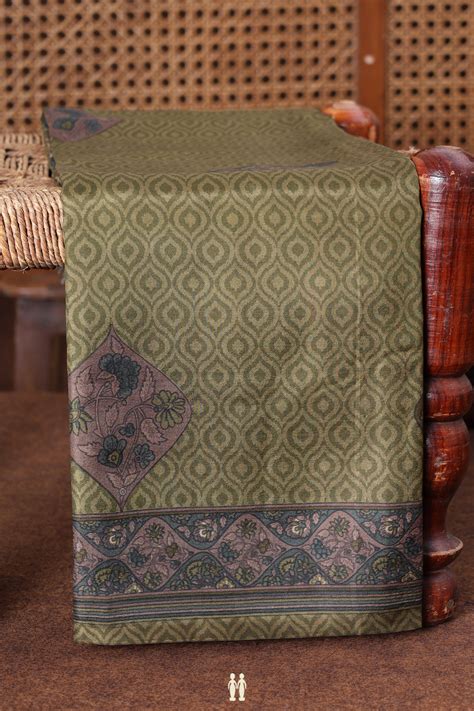 Printed Silk Saree In Olive Green With Ogee Design