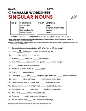 Fillable Online Grammar worksheet singular nouns - All Things Grammar ...