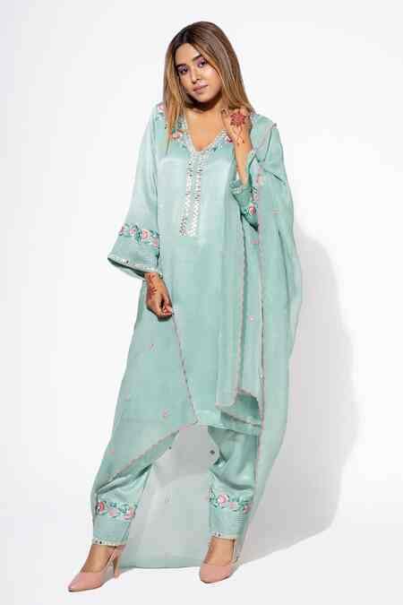 Buy Blue Mohair, Modal Embroidery V-neck Floral Resham And Mirror Kurta ...