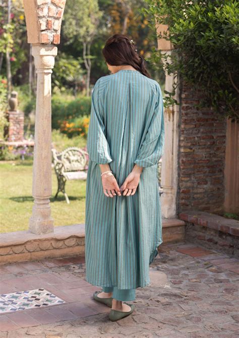 Buy - Lost-in-Time striped teal kurta set | Elan Store