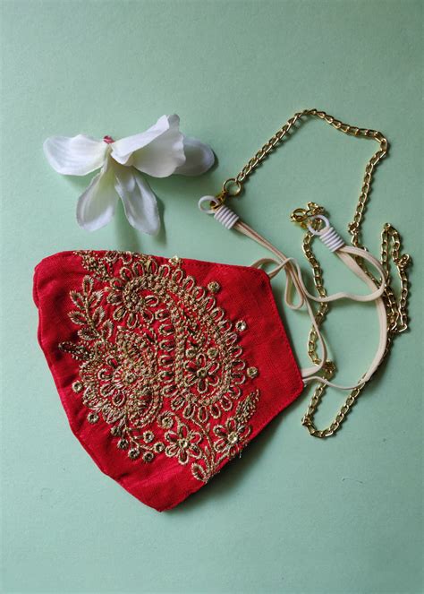 Get Red Embroidered Face Mask With Chain at ₹ 525 | LBB Shop