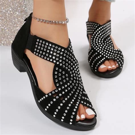 JeashCHAT Women Sandals Rhinestone Open Toe Low Chunky Block Heels Back ...