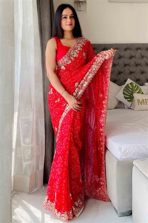 Red Bandhani Printed Georgette Saree With Dazzling Floral Sequin Embro