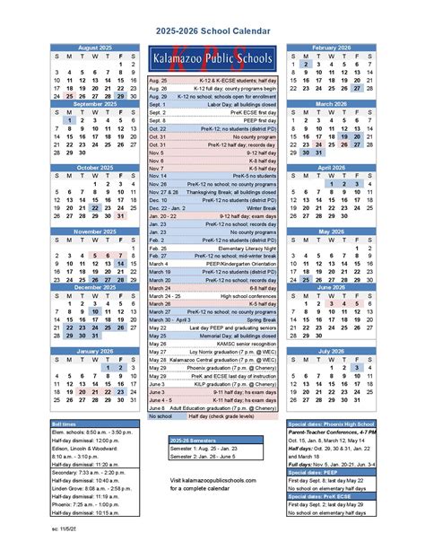 Kalamazoo Public Schools Calendar 2025-2026 in PDF