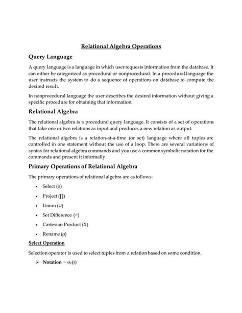 Image result for Relational Algebra Table Examples