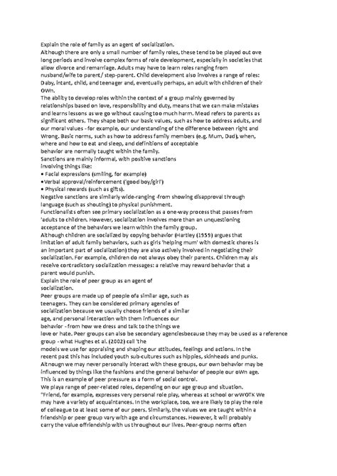 Socio 4 - Explain the role of family as an agent of socialization ...