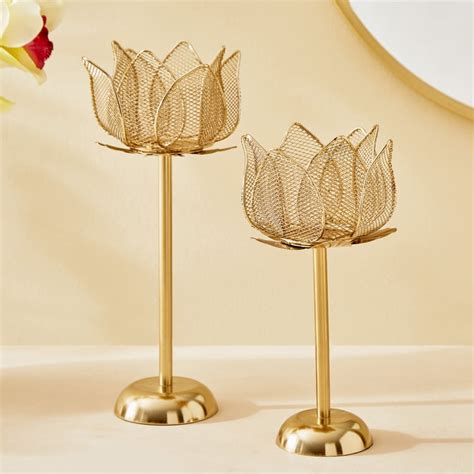 Buy Majestic Lotus Set of 2 Metal Pedestal Candle Holders from Home ...
