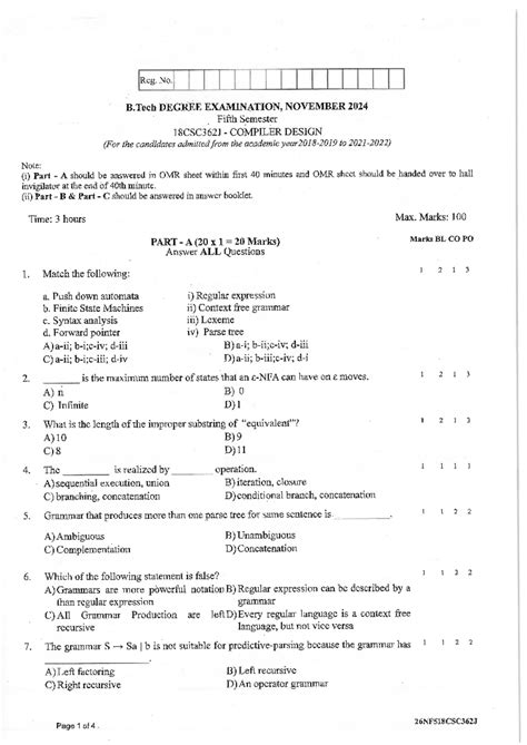 21CSC304J Compiler Design FJ2 Set A Exam Answer Key - Studocu