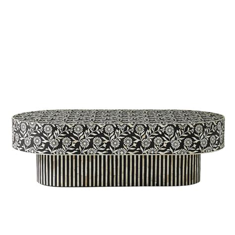 Sunflower Inlay Oval Shape Coffee Table - Black & White
