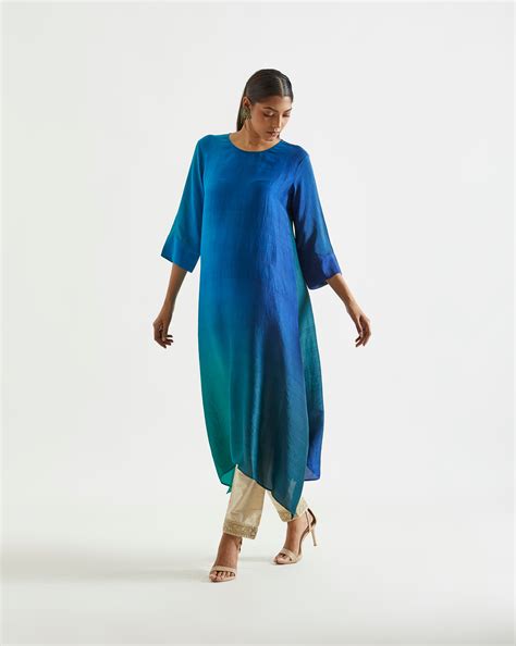 Green Blue Asymmetric Dupion Silk Ombre Kurta with Printed Stole ...