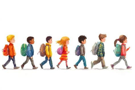 Children illustration featuring school student walking in a line ...